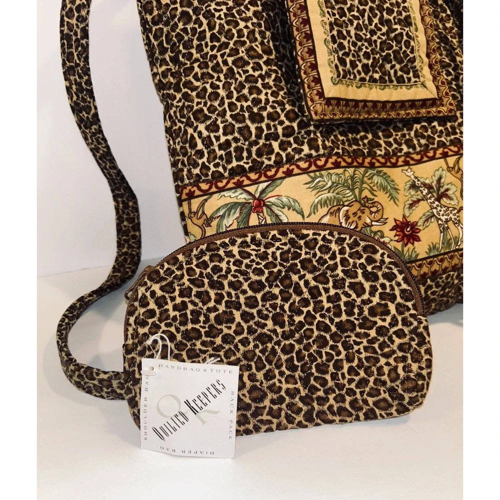Y2K Quilted Keepers Diaper Bag Backpck Safari Leopard Print Elephant Giraffe Set